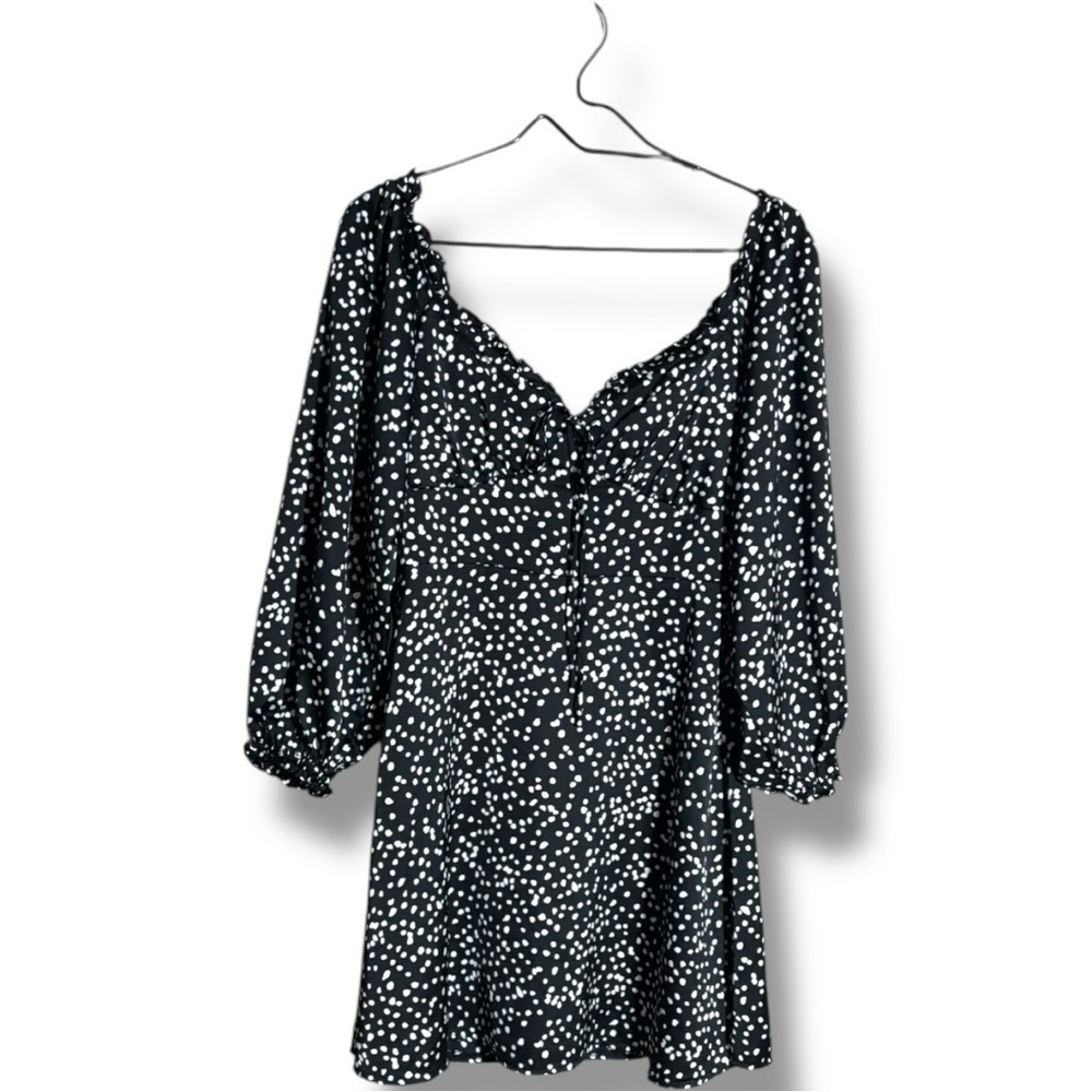She + Sky Black and White Polka Dot Ruffled Front Tie Long Sleeve Mini Dress - Picture 14 of 16